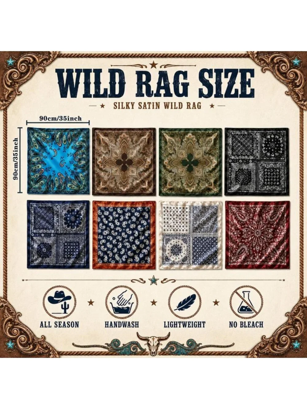 8 Pcs Wild Rags for Men - 35 Inch Western Cowboy Bandanas, Stylish Accessories